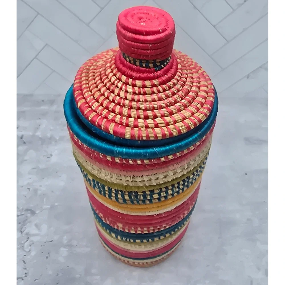 Handcrafted Rwanda Woven Basket Vase with Lid Tassel and Glass Insert Multicolor